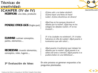 neuronilla.com MODIFICAR :  una idea, producto ¿Cómo salir y no beber alcohol?, ¿C ómo hacer una fiesta sin hacer ruido ?, ¿C ómo divertirnos sin dinero? PONERLE OTROS USOS  (Ingles:put) ¿Qué hay en los parques durante el s ábado por la noche ?, ¿Qu é hay en los colegios los sábados noche ?, ¿Y en los museos?... ELIMINAR : sustraer conceptos, partes, elementos… ¿Y si las ciudades no existieran?, ¿Y si todos fuéramos en silla de ruedas?, ¿Qu é pasaría si tuvieramos que salir solos?... REORDENAR :  invertir elementos, conceptos, roles, lugares… ¿Qu é pasaría si tuviéramos que trabajar los sábados por la noche ?, ¿Qu é pasaría si se saliera de lunes a viernes ?, ¿Qué pasar ía si se pudiera beber en una biblioteca?... 3º Evaluación de Ideas En este proceso se generan respuestas a las preguntas planteadas. Creada por Alex Osborn y enriquecida por: Bob Eberle. Fotografía: Chema Madoz T écnicas de creatividad: SCAMPER (IV de IV) 