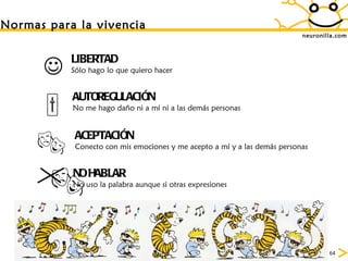 neuronilla.com Normas para la vivencia LIBERTAD Sólo hago lo que quiero hacer  AUTOREGULACIÓN No me hago daño ni a mí ni a las demás personas  ACEPTACIÓN Conecto con mis emociones y me acepto a mí y a las demás personas   NO HABLAR No uso la palabra aunque si otras expresiones 