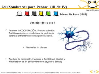 neuronilla.com Tomado de: EDWARD DE BONO (1988):  Seis sombreros para pensar.  Barcelona, Granica y EDWARD DE BONO (1994):  El pensamiento creativo . Barcelona, Paidós. Ventajas de su uso I Neutraliza las ofensas. Favorece la COOPERACIÓN. Provoca cohesión. Análisis conjunto en vez de toma de posiciones polares y enfrentamiento de argumentaciones.  Apertura de percepción. Favorece la flexibilidad, libertad y modificación de los posicionamientos (ayudar a pensar) Seis Sombreros para Pensar  (III de IV) Edward De Bono (1988) 