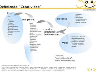 neuronilla.com Definiendo “Creatividad” Construido a partir de las definiciones de “Creatividad” de: Aznar, G. (1973) / Barron, F. (1955) / Fernández Huerta, J. (1968) / Guilford, J. P. (1971) / Gutman, H. (1967) / Marín, R. (1980) / May, R. (1959) / McKinnon (1977) / Mednick, S.A. (1964) /  Murray, H. (1959) / Oerter, R. (1971) / Osborn, A. (1953) / Parnes, S.J. (1962) / Prado, D. (1993) / Rogers, C. (1959) / Sillamy, M. ( 1973) / Stein, M. I. (1967) / Sternberg R. J.; Lubart T. I. (1995) / Thurstone, L. L. (1952) / Torrance, E. P. (1976) / Torre, S. (1991). Novedad Innovador. Distinto. Desconocido. Inusual, infrecuente estadísticamente. Original, personal. ... Valor Satisfactoria, válida, útil. Aceptada socialmente, enriquece a la sociedad. Resuelve un problema. Verificada, evaluada. Adaptada, apropiada, aplicada. ... Creatividad: “ Innovación valiosa”. Ricardo Marín Ibáñez (1980). Es... un/a: Proceso. Capacidad. Aptitud. Disposición. Comportamiento. Conducta. Actividad mental. Condiciones previas. Decisión. Actitud. ... que genera... Ideas. Productos, resultados, creaciones, producciones, realizaciones, obras, seres. Modelos, esquemas. Experiencias. Soluciones, respuestas. Alternativas. Formas. Relaciones lejanas, combinaciones. Conversiones. Hipótesis, suposiciones. ... con dos características fundamentales... 