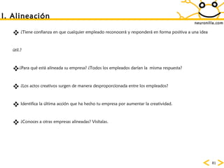 neuronilla.com ¿Tiene confianza en que cualquier empleado reconocer á y responderá en forma positiva a una idea útil.? ¿Para qu é está alineada su empresa? ¿Todos los empleados darían la   misma respuesta? ¿Los actos creativos surgen de manera desproporcionada entre los empleados? Identifica la  última acción que ha hecho tu empresa por aumentar la creatividad. ¿Conoces a otras empresas alineadas? Visítalas.  I. Alineaci ón 