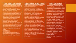 The alpha (α) alloys
These alloys contain a large amount of
α-stabilizing alloying elements such as
aluminum, oxygen, nitrogen or
carbon. Aluminum is widely used as
the alpha stabilizer for most
commercial titanium alloys because it
is capable strengthening the alloy at
ambient and elevated temperatures
up to about 550°C. This capability
coupled with its low density makes
aluminum to have additional
advantage over other alloying
elements such as copper and
molybdenum. However, the amount of
aluminum that can be added is limited
because of the formation of a brittle
titanium-aluminum compound when
8% or more by weight aluminum is
added.
LIMITATIONS:
The limitation of the α alloys of
titanium is non-heat treatable but
these are generally very weldable.
alpha-beta (α-β) alloys
These alloys contain 4–6% of β-phase
stabilizer elements like
molybdenum,vanadium, tungsten,
tantalum, and silicon. The amount of
these elements increases the amount of
β-phase is the metal matrix.
Consequently, these alloys are heat
treatable, and are significantly
strengthened by precipitation
hardening. Solution treatment of these
alloys causes increase of β-phase
content mechanical strength while
ductility decreases. The most popular
example of the α-β titanium alloy is the
Ti-6Al-4V with 6 and 4% by weight
aluminum and vanadium, respectively.
This alloy of titanium is about half of all
titanium alloys produced. In these
alloys, the aluminum is added as α-
phase stabilizer and hardener due to its
solution strengthening effect. The
vanadium stabilizes the ductile β-phase,
providing hot workability
of the alloy.
beta (β) alloys
These alloys exhibit the body
centered cubic crystalline form.
The β stabilizing elements used
in these alloy are one or more
of the following: molybdenum,
vanadium, niobium, tantalum,
zirconium, manganese, iron,
chromium, cobalt, nickel, and
copper. Besides strengthening
the beta phase, these β
stabilizers lower the resistance
to deformation which tends to
improve alloy fabricability
during both hot and cold
working operations. In addition,
this β stabilizer to titanium
compositions also confers a heat
treatment capability which
permits significant
strengthening
during the heat treatment
process.
 