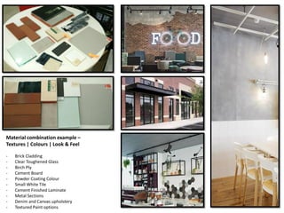 Material combination example –
Textures | Colours | Look & Feel
- Brick Cladding
- Clear Toughened Glass
- Birch Ply
- Cement Board
- Powder Coating Colour
- Small White Tile
- Cement Finished Laminate
- Metal Sections
- Denim and Canvas upholstery
- Textured Paint options
 