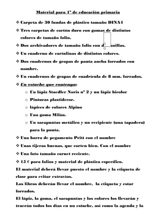 Material para 1º de educación primaria
 Carpeta de 30 fundas de plástico tamaño DINA4
 Tres carpetas de cartón duro con gomas de distintos
colores de tamaño folio.
 Dos archivadores de tamaño folio con dos anillas.
 Un cuaderno de cartulinas de distintos colores.
 Dos cuadernos de grapas de pauta ancha forrados con
nombre.
 Un cuadernos de grapas de cuadrícula de 8 mm. forrados.
 Un estuche que contenga:
o Un lápiz Staedler Noris nº 2 y un lápiz bicolor
o Pinturas plastidecor.
o lápices de colores Alpino
o Una goma Milán.
o Un sacapuntas metálico y un recipiente (una tapadera)
para la punta.
 Una barra de pegamento Pritt con el nombre
 Unas tijeras buenas, que corten bien. Con el nombre
 Una foto tamaño carnet reciente.
 15 € para folios y material de plástica específico.
El material deberá llevar puesto el nombre y la etiqueta de
clase para evitar extravíos.
Los libros deberán llevar el nombre, la etiqueta y estar
forrados.
El lápiz, la goma, el sacapuntas y los colores los llevarán y
traerán todos los días en un estuche, así como la agenda y la
 