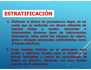 1. Disfrazar el dinero de procedencia ilegal, de tal
modo que se confunde con dinero obtenido de
fuentes lícitas o vender, descontar o
intercambiar diversos tipos de instrumentos
financieros, tales como los cheques de cajero,
giros o cheques personales (utilizándolos como
si fueran efectivo).
2. Crear fuentes ficticias en el extranjero para
recibir y distribuir fondos para la inversión de
bienes inmuebles a través de contrabando de
dinero en efectivo. Abriendo con esos fondos
cuentas en el extranjero.
ESTRATIFICACIÓN
 