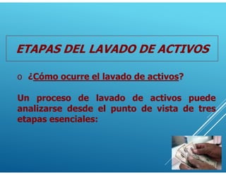 o ¿Cómo ocurre el lavado de activos?
ETAPAS DEL LAVADO DE ACTIVOS
Un proceso de lavado de activos puede
analizarse desde el punto de vista de tres
etapas esenciales:
 