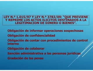 Obligación de informar operaciones sospechosas
Obligación de confidencialidad
Obligación de contar con procedimientos de control
interno
Obligación de colaborar
Sanción administrativa a las personas jurídicas
Gradación de las penas
LEY N.º 1.015/97 Y LEY N.º 3783/09: “QUE PREVIENE
Y REPRIME LOS ACTOS ILICITOS DESTINADOS A LA
LEGITIMACION DE DINERO O BIENES”.
 