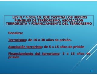 Penaliza:
Terrorismo: de 10 a 30 años de prisión.
Asociación terrorista: de 5 a 15 años de prisión
Financiamiento del terrorismo: 5 a 15 años de
prisión
LEY N.º 4.024/10: QUE CASTIGA LOS HECHOS
PUNIBLES DE TERRORISMO, ASOCIACION
TERRORISTA Y FINANCIAMIENTO DEL TERRORISMO
 