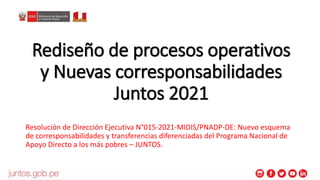 Rediseño de procesos operativos
y Nuevas corresponsabilidades
Juntos 2021
Resolución de Dirección Ejecutiva N°015-2021-MIDIS/PNADP-DE: Nuevo esquema
de corresponsabilidades y transferencias diferenciadas del Programa Nacional de
Apoyo Directo a los más pobres – JUNTOS.
 