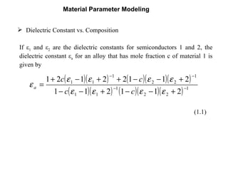 Material Parameter Modeling   ,[object Object],If ε 1  and ε 2  are the dielectric constants for semiconductors 1 and 2, the dielectric constant ε a  for an alloy that has mole fraction c of material 1 is given by  (1.1) 