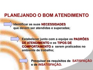 PLANEJANDO O BOM ATENDIMENTO
Pesquisar os requisitos de SATISFAÇÃO
e de INSATISFAÇÃO.
Identificar as suas NECESSIDADES
que devem ser atendidas e superadas;
Estabelecer junto com a equipe os PADRÕES
DE ATENDIMENTO e os TIPOS DE
COMPORTAMENTO a serem praticados no
ambiente de trabalho;
 