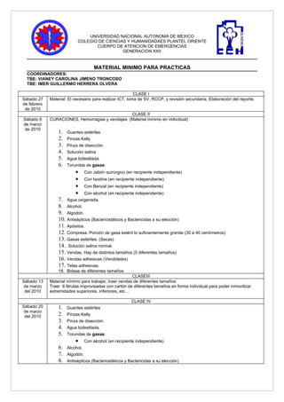 UNIVERSIDAD NACIONAL AUTONOMA DE MEXICO
                           COLEGIO DE CIENCIAS Y HUMANIDADAES PLANTEL ORIENTE
                                  CUERPO DE ATENCION DE EMERGENCIAS
                                             GENERACION XXII


                                      MATERIAL MINIMO PARA PRACTICAS
  COORDINADORES:
  TBE: VIANEY CAROLINA JIMENO TRONCOSO
  TBE: IMER GUILLERMO HERRERA OLVERA

                                                          CLASE I
Sábado 27    Material: El necesario para realizar ICT, toma de SV, RCCP, y revisión secundaria, Elaboración del reporte.
de febrero
 de 2010
                                                  CLASE II
Sábado 6     CURACIONES, Hemorragias y vendajes: (Material mínimo en individual)
de marzo
de 2010
                 1.   Guantes estériles
                 2.   Pinzas Kelly
                 3.   Pinza de disección.
                 4.   Solución salina
                 5.   Agua bidestilada.
                 6.   Torundas de gasas:
                          •      Con Jabón quirúrgico (en recipiente independiente)
                          •      Con Isodine (en recipiente independiente)
                          •      Con Benzal (en recipiente independiente)
                          •      Con alcohol (en recipiente independiente)
                 7. Agua oxigenada.
                 8. Alcohol.
                 9. Algodón.
                 10. Antisépticos (Bacteriostáticos y Bactericidas a su elección)
                 11. Apósitos.
                 12. Compresa. Porción de gasa estéril lo suficientemente grande (30 a 40 centímetros)
                 13. Gasas estériles. (Secas)
                 14. Solución salina normal.
                 15. Vendas. Hay de distintos tamaños (5 diferentes tamaños)
                 16. Vendas adhesivas (Vendoletes)
                 17. Telas adhesivas.
                 18. Bolsas de diferentes tamaños
                                                        CLASEIII
Sábado 13    Material mínimo para trabajar, traer vendas de diferentes tamaños
de marzo     Traer 6 férulas improvisadas con cartón de diferentes tamaños en forma individual para poder inmovilizar
 del 2010    extremidades superiores, inferiores, etc…

                                                         CLASE IV
Sábado 20        1.   Guantes estériles
de marzo
 del 2010        2.   Pinzas Kelly
                 3.   Pinza de disección.
                 4.   Agua bidestilada.
                 5.   Torundas de gasas:
                          •      Con alcohol (en recipiente independiente)
                 6.   Alcohol.
                 7.   Algodón.
                 8.   Antisépticos (Bacteriostáticos y Bactericidas a su elección)
 