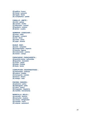 24
(D) gallina : huevo
(E) cóctel : camarón
(D) regalo : fiesta
(E) cumpleaños : pastel
CABALLO : JINETE ::
(A) niño : pelota
(B) camión : chofer
(C) televisión : control
(D) guitarra : músico
(E) pintor : cuadro
SEMBRAR : COSECHAR ::
(A) amar : odiar
(B) gastar : comprar
(C) reír : llorar
(D) matar : morir
(E) jugar : divertir
BUQUE : MAR ::
(A) auto : autopista
(B) trasbordador : espacio
(C) lancha : laguna
(D) motocicleta : camino
(E) tractor : campo
PARACAIDAS : PARACAIDISTA ::
(A) guarda costas : salvavidas
(B) guantes : boxeador
(C) avión : piloto
(D) pista : ciclista
(E) texto : lector
CORRUPCIÓN : DESHONESTIDAD :.
(A) desempleo : pobreza
(B) salario : trabajo
(C) transporte : camión
(D) banco : dinero
(E) trabajo : robo
ESCOBA : BASURA ::
(A) plumero : polvo
(B) detergente : plato
(C) cloro : frasco
(D) trapeador : tlapalería
(E) martillo : herramienta
MANECILLA : RELOJ ::
(A) escuela : alumno
(B) serrucho : madera
(C) cocina : refrigerador
(D) martillo : clavo
(E) volante : automóvil
 