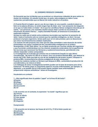 42
EL CEREBRO PRODUCE CANNABIS
Es frecuente que los incidentes que se producen en situaciones rodeadas de gran estrés no
duelan de inmediato. Un estudio revela que, en parte, esta analgesia se debe a unas
sustancias cannabinoides que se liberan de modo natural en el cerebro.
(1) Cuenta David Livington, que en uno de sus viajes, en una ocasión, cuando le atacó un
león en la sabana africana, no sintió ningún tipo de dolor, sino “una sensación de relajación
en la que no había dolor ni miedo”. Es lo que los científicos llaman analgesia inducida por el
estrés. “Las personas y los animales sienten menos dolor cuando se encuentran en
situaciones de estrés intenso,”, explica Danielle Piomelli, al rememorar la anécdota del
explorador británico.
Aunque se sabía que el estrés activa sistemas neuronales que reprimen la sensación de
dolor, hasta el momento solo se conocía que los opioides endógenos, es decir, los que
producen el propio organismo, tenían parte que ver en este proceso; pero se desconocía
que otros neurotransmisores estaban implicados.
Los autores de este proyecto han visto que las ratas sometidas a esta situación de estrés
presentaban una mayor cantidad de dos cannabinoides endógenos en el cerebro:
Anandamida y 2-AG. Éste último “es un lípido producido por muchas células del organismo
y que funcionan combinándose con los mismos receptores-moleculares de la superficie de
las neuronas que reconocen los fármacos y sustancia transmisoras, permitiendo a las
células responder a estos compuestos.
La investigación ha evaluado por primera vez un tratamiento basado en este último
cannabinoide, “No tanto el 2-AG en sí mismo, sino una proteína llamada MGL, que detiene la
acción del 2-AG. Dado que éste es uno de los analgésicos del propio cerebro, bloquear la
proteína MGL incrementaría los efectos analgésicos de este compuesto”.
Cuando los roedores reciben un fármaco que bloquea la MGL, aumentaba la producción de
cannabinoides y se reducía el dolor.
Los hallazgos de estos investigadores también pueden ser la base de terapias para otros
trastornos “El estrés juega un importante papel en muchas enfermedades, por ejemplo, la
depresión, y es posible que el 2-AG pueda regular también esas enfermedades o
proporcionar mejores ansiolíticos” aclara el investigador.
Vocabulario en contexto
1. ¿Qué significado tiene la palabra “papel” en la línea 45 del texto?
(A) guión
(B) pliego
(C) función
(D) documento
(E) rol
2. De acuerdo con el contexto, la expresión “no duele” significa que es:
(A) inmune
(B) que no afecta
(C) que aqueja
(D) anodino
(E) disgustar
Comprensión
1. De acuerdo con la lectura; las líneas de la 8-12 y 17-22 el dolor puede ser:
(A) activado
(B) bloqueado
(C) detenido
 