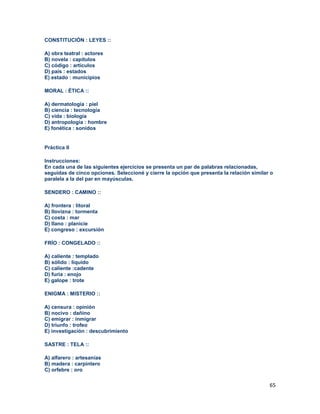 65
CONSTITUCIÓN : LEYES ::
A) obra teatral : actores
B) novela : capítulos
C) código : artículos
D) país : estados
E) estado : municipios
MORAL : ÉTICA ::
A) dermatología : piel
B) ciencia : tecnología
C) vida : biología
D) antropología : hombre
E) fonética : sonidos
Práctica II
Instrucciones:
En cada una de las siguientes ejercicios se presenta un par de palabras relacionadas,
seguidas de cinco opciones. Seleccioné y cierre la opción que presenta la relación similar o
paralela a la del par en mayúsculas.
SENDERO : CAMINO ::
A) frontera : litoral
B) llovizna : tormenta
C) costa : mar
D) llano : planicie
E) congreso : excursión
FRÍO : CONGELADO ::
A) caliente : templado
B) sólido : líquido
C) caliente :cadente
D) furia : enojo
E) galope : trote
ENIGMA : MISTERIO ::
A) censura : opinión
B) nocivo : dañino
C) emigrar : inmigrar
D) triunfo : trofeo
E) investigación : descubrimiento
SASTRE : TELA ::
A) alfarero : artesanías
B) madera : carpintero
C) orfebre : oro
 