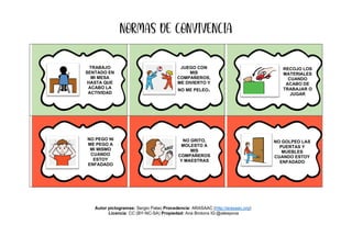 NORMAS DE CONVIVENCIA
Autor pictogramas: Sergio Palao Procedencia: ARASAAC (http://arasaac.org)
Licencia: CC (BY-NC-SA) Propiedad: Ana Brotons IG:@aleepova
TRABAJO
SENTADO EN
MI MESA
HASTA QUE
ACABO LA
ACTIVIDAD
NO PEGO NI
ME PEGO A
MI MISMO
CUANDO
ESTOY
ENFADADO
NO GOLPEO LAS
PUERTAS Y
MUEBLES
CUANDO ESTOY
ENFADADO
JUEGO CON
MIS
COMPAÑEROS,
ME DIVIERTO Y
NO ME PELEO.
RECOJO LOS
MATERIALES
CUANDO
ACABO DE
TRABAJAR O
JUGAR
NO GRITO,
MOLESTO A
MIS
COMPAÑEROS
Y MAESTRAS
 