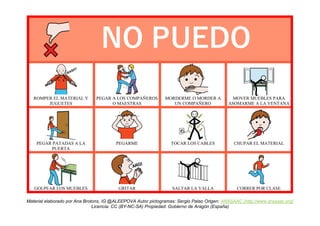 ROMPER EL MATERIAL Y
JUGUETES
PEGAR A LOS COMPAÑEROS
O MAESTRAS
MORDERME O MORDER A
UN COMPAÑERO
MOVER MUEBLES PARA
ASOMARME A LA VENTANA
PEGAR PATADAS A LA
PUERTA
PEGARME TOCAR LOS CABLES CHUPAR EL MATERIAL
GOLPEAR LOS MUEBLES GRITAR SALTAR LA VALLA CORRER POR CLASE
Material elaborado por Ana Brotons, IG @ALEEPOVA Autor pictogramas: Sergio Palao Origen: ARASAAC (http://www.arasaac.org)
Licencia: CC (BY-NC-SA) Propiedad: Gobierno de Aragón (España)
NO PUEDO
 