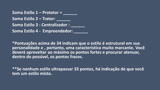 Soma Estilo 1 – Protetor = ______
Soma Estilo 2 – Trator: ______
Soma Estilo 3 - Centralizador : ______
Soma Estilo 4 - Empreendedor: ______
*Pontuações acima de 34 indicam que o estilo é estrutural em sua
personalidade e , portanto, uma característica muito marcante. Você
deverá aproveitar ao máximo os pontos fortes e procurar atenuar,
dentro do possível, os pontos fracos.
**Se nenhum estilo ultrapassar 33 pontos, há indicação de que você
tem um estilo misto.
 