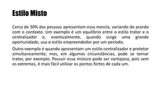 Estilo Misto
Cerca de 30% das pessoas apresentam essa mescla, variando de acordo
com o contexto. Um exemplo é um equilíbrio entre o estilo trator e o
centralizador e, eventualmente, quando surge uma grande
oportunidade, usa o estilo empreendedor por um período.
Outro exemplo é quando apresentam um estilo centralizador e protetor
simultaneamente, mas, em algumas circunstâncias, pode se tornar
trator, por exemplo. Possuir essa mistura pode ser vantajoso, pois sem
os extremos, é mais fácil utilizar os pontos fortes de cada um.
 