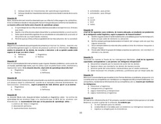 10
C. trabajar desde los lineamientos del aprendizaje espontáneo
D. trabajar desde los lineamientos teóricos yprácticos desde la teoría de escuela
nueva
Situación 65
Nora, docente delnivel inicialha observadoque sus niños de 5 años juegana los soldaditos.
Ellos se ordenarondesde el máspequeño hacia el más grande para conformar los batallones.
La maestra utiliza este hecho como situación de aprendizaje porque:
a. El aprendizaje de los niños de esta edadesta asociadoa lasexperiencias directas
que viven.
b. Ayuda a los niños de esta edada desarrollar su autoconocimiento y socialización.
c. Sabe que el desarrollocognitivo de sus estudiantes en esta edad está asociado al
desarrollo de sus habilidades motoras.
d. Permite que sus niños yniñasse apoderende los ritos culturales de la sociedad.
Situación 66
Miguel es unestudiante de quintogradode primaria yal realizar las tareas, muestra una
característica general según su manera de procesar y utilizar la información: Observa y
analiza la actuación de los demás, los escucha e interviene o da su opinión cuando están
seguros de lo que va a decir o hacer.
a. Reflexivo c. Pragmático
b. Activo d. Teórico
Situación 67
Ana es una estudiante delnivel primariaa quien le gusta:Resolver problemas como parte de
un equipo, aprender algo nuevo, que no sabía o que no podía hacer antes, dramatizar y
representar roles. En la situación descrita: ¿Qué estilo de aprendizaje desarrolla Ana?
a. Pragmático c. Activo
b. Teórico d. Reflexivo
Situación 68
Si al alumnoPedro Sorianole están presentando una sesiónde aprendizaje sobre el comercio
y el procesa mejor la información cuando va al mercado y observa directamente las
transacciones comerciales, según la propuesta de Kolb diremos que él es un alumno:
a. Pragmático c. Activo
b. Teórico d. Reflexivo
Situación 69
La docente María Julia después de haber realizado un diagnóstico sobre los estilos de
aprendizaje de sus alumnos llega a la conclusión que el 90 % de los alumnos son
Kinestésicos la recomendación seria que en los procesos de aprendizaje utilice :
1. análisis de fotos e imágenes
2. observación películas
3. representaciones teatrales
4. actividades para pintar
5. actividades para dibujar
a. 1,2,3
b. 1,2,3,4
c. 3,4,5
d. todas
Situación 70
¿Cuál de los siguientes casos evidencia, de manera adecuada, un estudiante con predominio
de la inteligencia verbal lingüística, según la propuesta de Howard Gardner?
A. Andrés le gusta visitar el Jardín botánicode sulocalidadypasar muchotiempoallí,
tanto así que sabe de memoria su ubicación
B. Bertha siempre participa declamandoenel teatrín del colegio cada vez que hay
alguna actuación
C. César siempre obtiene la nota más alta cuandose trata de elaborar maquetas o
dibujar mapas
D. Diana sabe liderar los grupos de trabajo yexpresa sus opiniones con claridad sin
ofender a los demás.
Situación 71
Teniendo en cuenta la Teoría de las Inteligencias Múltiples, ¿Cuál de las siguientes
capacidades corresponderían a una persona con inteligencia intrapersonal?
A. Desarrollar empatía por la manera de sentir de los demás
B. Expresar ideas con claridad a los demás de manera escrita
C. Sentirse parte del ecosistema interesándose por el medio ambiente
D. Saber reconocer mis virtudes y defectos, y esforzarse por ser mejor cada día
Situación 72
Monica es una estudiante que resuelve entres formas distintas unproblema propuesto y lo
sustenta ante sus compañeros con claridadyen un lenguaje sencilloycomprensible para sus
compañeros, recibiendolas felicitaciones de sus compañeros y de su maestro por manifestar
las inteligencias:
A. Emocional y lingüística
B. Interpersonal y lingüística
C. Lógica matemática y interpersonal
D. Lógica matemática y lingüística
Situación 73
William es un niñode 8 años de 3° de primaria, cuandola maestra le dice que vana ir al Jardín
Botánico, se pone a gritar de la emoción. Es evidente que:
a. es mal ejemplo para los demás
b. estaba feliz de ir a la salida pues se evidencia su inteligencia naturalista.
c. expresa su alegría pues es kinestésico.
 