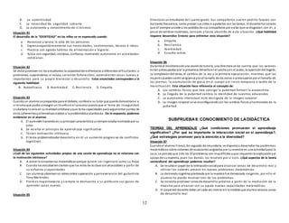 12
B. La autenticidad
C. La necesidad de seguridad cubierta
D. La autonomía y conocimiento de sí mismos
Situación 81
El desarrollo de la “IDENTIDAD” en los niños se ve expresado cuando:
a. Reconoce y valora la vida de las personas
b. Expresa espontáneamente sus necesidades, sentimientos, deseos e ideas.
c. Practica con agrado hábitos de alimentación e higiene.
d. Actúa con seguridad, iniciativa, confianza, mostrando autonomía en actividades
cotidianas.
Situación 82
Se debe promover en los estudiantes la capacidadde enfrentarse a diferentes dificultades o
problemas, superándolos, e incluso, saliendo fortalecidos, aprendiendo cosas nuevas e
importantes para su propio bienestar y desarrollo. Estos enunciados corresponden a la
siguiente habilidad:
A. Autoeficacia B. Asertividad C. Resilencia D. Empatía
Situación 83
Cuandoun alumnose preparaba para el debate, confesóa su tutor que quería demostrarse a
sí mismoque podía conseguir un triunfoenel concurso puestoque el tema de inseguridad
ciudadana loveía en surealidadcotidiana yque tenía capacidades para argumentar puntos de
vista coherentesyalternativasviables a la problemática planteada. De lo expuesto, podemos
evidenciar en el alumno:
A. El aprender haciendoes suprincipal característica ysiempre estaba motivadopor su
tutor
B. Se resalta el principio de aprendizaje significativo
C. Tenían motivación intrínseca
D. El tema problematizador desarrolla en él un aumento progresivo de conflictos
cognitivos.
Situación 84
¿Cuál de las siguientes actividades propias de una sesión de aprendizaje no se relaciona con
la motivación intrínseca?
A. A Javier le encantanlas matemáticas porque quiere ser ingeniero como su Papá
B. Cuandolos estudiantessientenque los retos de la clase sonalcanzables a partir de
su esfuerzo y capacidades
C. Los alumnos observanun videosobre superación y perseverancia del guitarrista
Tony Meléndez
D. Frank es muyentusiasta y siempre le demuestra a su profesora sus ganas de
aprender cosas nuevas.
Situación 85
Ernestoes un estudiante del cuarto grado. Sus compañeros suelen pedirle favores con
bastante frecuencia, como prestar sus útiles o ayudarlos con las tareas. El docente ha notado
que él siempre accede a los pedidos de sus compañeros por evitar que se disgusten con él, a
pesar de sentirse incómodo, cansado y hasta aburrido de esta situación. ¿Qué habilidad
requiere desarrollar Ernesto para enfrentar esta situación?
a. Empatía.
b. Resiliencia.
c. Asertividad.
d. Escucha activa.
Situación 86
Durante el monitoreode una sesiónde tutoría, una Directora se da cuenta que los varones
están preocupados por la presencia delvelloenel pechoyen el pubis, la aparicióndel bigote,
la complexióndel tórax, el cambio de la voz y la primera eyaculación, mientras que las
mujeres puedensentir vergüenza por el tamaño de los senos o preocuparse por el tamaño de
las piernas, la acumulación de grasa en el cuerpo y el inicio temprano o tardío de la
menstruación. Esta situación hace referencia al concepto de:
A. Los cambios físicos que trae consigo la pubertad forman la autoestima
B. La llegada de la pubertad cambia la identidad de nuestros educandos
C. La autonomía intelectual está desligada de la imagen corporal
D. La imagen corporal se va reconfigurandocon los cambios físicos yhormonales de la
pubertad
SUBPRUEBAII: CONOCIMIENTO DE LADIDÁCTICA
TEORÍAS DEL APRENDIZAJE ¿Qué condiciones promueven el aprendizaje
significativo? ¿Por qué es importante la interacción social en el aprendizaje?,
¿Qué estrategias promover para la atención a la diversidad?
Situación 87
Cuandoel alumno Franco, de segundo de secundaria, se disponía a desarrollar los problemas
matemáticos sobre sistemas de ecuaciones asignados por sumaestra en una actividadpara la
casa, se percata que 3 de los 10 problemas son muydifíciles yque requierenla explicaciónyel
apoyo de sumaestra, pues los demás los resolvió por sí solo. ¿Qué aspectos de la teoría
sociocultural del aprendizaje podemos resaltar?
A. Se resalta el papel de la interacciónsocial para alcanzar zonas de desarrollo real y
utilizar los saberes previos en nuevos problemas matemáticos
B. La demanda cognitiva planteada por la maestra fue demasiado exigente, por ello el
alumno no puede resolver tres de los problemas
C. Se necesita promover zonasde desarrollo próximo a partir de la mediación de la
maestra para alcanzar con su ayuda nuevas capacidades matemáticas
D. El papeldel docente debe ser cada vez menor enla medida que alumnoalcanza zonas
de desarrollo real
 