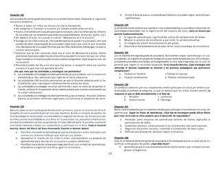 15
Situación 102
Una maestra de primer gradode primaria, ensu primer día de clases, desarrolla la siguiente
secuencia didáctica:
 Reúne a todos los niños en círculo y les da la bienvenida.
 Les pregunta si conocían la escuela y si habían estado antes en ella.
 Hacen unrecorridopor la escuela para que la conozcan. Lee a los niños (as) los l etreros
de las aulas yde los ambientes que tiene la escuela(biblioteca, dirección, baños, etc.)
 De regreso al aula, les cuenta el cuento ” Mariposita va a la escuela”.
 Dialoga con los niños acerca de: ¿Por qué Mariposita noquería ir a la escuela?, ¿Por qué
cambio de idea?, ¿Qué le gustó de suescuela?, ¿Qué creen que será lo que recuerda
más Mariposita de suescuela?Permite que los niños libremente intervengan, sinque se
sientan presionados.
 Comenta que ya han conocido cómo era el aula de Mariposita y ahora: ¿Cómo
podríamos hacer para saber más de cómoera su escuela? Enel caso de que los niños
hayan estadoenla misma escuela inicial la maestra preguntará:¿Qué les gusta más de
su escuela?
 Presenta la sesión del día y les dice que hoy vamos a compartir cómo era nuestra
escuela y lo que más nos gustaba de ella.
¿Por qué crees que las actividades y estrategias son pertinentes?
A. Las actividades yestrategiasresultanpertinentes, ya que cumplen con la secuencia
metodológica más adecuada que logra de la me ta propuesta
B. Las actividades NO resultan pertinentes ya que el docente debería pedir a los
estudiantes que investiguen individualmente acerca del tema
C. Las actividades yestrategias resultan pertinentes, pues se trata de despertar el
interés, priorizar la recuperaciónde los saberes previos que se estánrelacionandocon
la nueva información.
D. Las actividades yestrategiasresultanpertinentes, puesse motiva, rescatan saberes
previos, se plantean conflictos cognitivos y se comunica el propósito de clase.
Situación 103
Manuel, quien cursael cuartogradode educación primaria, vive en el distrito de Villa El
Salvador, el cual se caracteriza por ser una zona industrial donde la mayoría de padres de
familia trabajan en dichosector. La comunidadva a organizar las fiestas de Aniversario del
distritoyuna de lasactividades es una feria en la que todos los pequeños empresarios
pondránenexhibiciónyventas sus productos. En clase, Manuel pidió la palabra y comentó
este hechoinvitando a todos sus compañeros a participar en la feria. Dada la situación
descrita, dentro del Marco del Buen Desempeño Docente la docente deberá:
a. Planificar una sesión de aprendizaje ya que los estudiantes están motivados por
conocer los diversos trabajos que realizan sus padres.
b. Aprovechar el interés de los niños y niñas, planteándoles un proyecto de
aprendizaje para realizar en la escuela su propia exhibición.
c. Planificar una visita de campopara luego planificar una unidad de aprendizaje,
retándolos a organizar una feria igual en la e scuela.
d. Visitar la feria ya que es unaprendizaje vivencial yse pueden lograr aprendizajes
significativos.
Situación 104
La profesora Jovita sostiene que cuandoenuna unidaddidáctica se consideransituaciones de
aprendizaje relacionados con la organización del espacio del aula, como un recurso que
permite fundamentalmente:
A. El logro de aprendizajes significativos acerca de comprensión de textos.
B. Mejorar el proceso de enseñanza y, por ende, la calidad educativa.
C. La integración y buen funcionamiento del grupo.
D. Actualizar el funcionamientode las aulas taller como estrategia de enseñanza.
Situación 105
Luis es docente delsegundogrado de secundaria. Para motivar ylograr aprendizajes en sus
estudiantes, los organiza en grupos de trabajo enlos que reúne estudiantes con dificultades,
estudiantes promedioyavanzados;peroasignándoles un rol a cada integrante, con lo cual se
permite que logren el resultado esperado. En la situación descrita: ¿Qué estrategia está
utilizando el docente respetando en atención a los procesos pedagógicos que promueven
competencias?
a. Trabajo en tándem c.Trabajo en equipo
b. Trabajo colaborativo d. Trabajo individualizado
Situación 106
Un profesor advierte que sus estudiantes evitan participar en clase por temor a ser
rechazados. El profesor se pregunta ¿a qué se deberá que los niños sienten temor?, la
respuesta es que se debe principalmente a la falta de:
a. Respeto c. confianza
b. Comunicación d. liderazgo
Situación 107
María tiene estudiantes que se muestrantímidos para participar enlas diversas sesiones de
aprendizaje. Según las Rutas de Aprendizaje, ¿Qué tipo de estrategias puede utilizar María
para crear en el aula un clima propicio para el desarrollo de capacidades?
a. Promover como espacios de aprendizaje talleres de teatro, vigilando la
participación de todos.
b. Establecer premios, seleccionando a los estudiantes más participativos.
c. Organizar reuniones sociales, invitando a estudiantes de otras aulas.
d. Reforzar positivamente, destacar logros y esfuerzos.
Situación 108
Juan es undocente deltercer gradode secundaria, él ha observadoque en su aula existe un
conflicto entre grupos de poder, ¿Qué debe hacer?
A. Ignorarlos ya que es una característica de los adolescentes que siempre existan
grupos antagónicos.
 