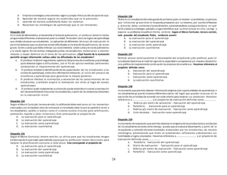 24
A. Emplear estrategias ymecanismos segúnsu propio ritmoyestilo de aprendizaje.
B. Aprender de manera regular los contenidos que se le presentan.
C. aprende de manera autodidacta todas las materias.
D. Reconocer las estrategias de aprendizaje que le son relevantes.
Situación 153
En el área de Matemática, al desarrollar el tema de polinomios, el profesor Antonio había
programadodiferentes evaluaciones para la unidad. Tenía bien clarolos logros de aprendizaje
que debían alcanzar sus estudiantes. La aplicación de diferentes técnicas de evaluación le
permitió detectar que sus alumnos teníandificultades enla divisiónde polinomios de tercer
grado. Se dio cuenta que debía reforzar sus conocimientos sobre suma yres ta de polinomios
y la leyde signos. Por tal motivo, trabajandojuntos, los estudiantes comenzaron a mostrar
mejoras y mayor dominio en el tema de los polinomios . ¿Qué función de la evaluación
permitió recoger información valiosa sobre las dificultades de los estudiantes?
a. El profesor realizóel seguimiento oportuno delprocesode enseñanza yaprendizaje,
para detectar logros o dificultades, con el fin de aplicar medidas pertinentes
conducentes al mejoramiento del aprendizaje.
b. El profesor empleóla identificaciónde las capacidades de los estudiantes y los
estilos de aprendizaje, entre otra informaciónrelevante, al inicio del proceso de
enseñanza y aprendizaje para garantizar la mejora posterior.
c. El profesor efectuó la estimación y valoración de los conocimientos de los
estudiantes, y también amplió la motivación con miras al logro de nuevos
aprendizajes.
d. El profesor pudo implementar accionesde ayuda teniendoencuenta la estimación
del desenvolvimiento futurode los estudiantes, a partir de las evidenciasobtenidas
en la evaluación inicial.
Situación 154
Según el Marco Curricular, tercera versión, la calificacióndebe realizarse en los momentos
adecuados,con el objetivo claro de comunicar unresultadosobre loque se aprendió tanto a
los estudiantes, padres o tutores como al sistema escolar (insumo para certificación,
promoción, reporte a otras instancias). Esto corresponde al propósito de:
A. La evaluación para el aprendizaje
B. La evaluación del aprendizaje
C. La evaluación como aprendizaje
D. La evaluación cuantitativa
Situación 155
Según el Marco Curricular, tercera versión, se utiliza para que los estudiantes tengan
evidencias de lo que están aprendiendo ypara que los profesores tomen decisiones para
mejorar la planificación curricular a corto plazo. Esto corresponde al propósito de:
A. La evaluación para el aprendizaje
B. La evaluación del aprendizaje
C. La evaluación como aprendizaje
D. La evaluación cuantitativa
Situación 156
Pedro es un estudiante delsextogradode primaria quien al resolver unproblema, se percata
que lohizo mal ya que noes la respuesta propuesta por su maestro, por cuantoreflexiona
y revisa los datos ;asimismoel procedimiento, autoevaluándose y preguntándose en qué
falló, evalúa la estrategia aplicada y logra identificar que su error estuvo en ello, corrige y
expone su problema resueltoenforma correcta. Según el Marco Curricular, tercera versión,
este proceder del estudiante Pedro, evidencia asumir:
A. La evaluación para el aprendizaje
B. La evaluación del aprendizaje
C. La evaluación como aprendizaje
D. La evaluación cuantitativa
Situación 157
Permite valorar continuamente el desempeño del estudiante y del profesor, pues el
estudiante determina el nivel de logrode la capacidado competencia yel maestro desarrolla
una política de mejoramientocontinuode los procesos de enseñanza. Hacemos referencia al
propósito definido como:
a. Evaluación del aprendizaje
b. Evaluación para el aprendizaje
c. Evaluación como aprendizaje
d. La evaluación cuantitativa
Situación 158
Instrumento que permite obtener informaciónobjetiva ydar oportunidades de aprendizaje a
los estudiantesya que les muestra diferentesniveles de logro que pueden alcanzar en la
ejecución de untrabajode acuerdo concada criterio para mejorar sus productos. Hacemos
referencia a…………………………….. y al propósito de evaluación definido como…………………
a. Rúbrica y/o matriz de valoración - Evaluación del aprendizaje
b. Portafolio - Evaluación para el aprendizaje
c. Rúbrica y/o matriz de evaluación - Evaluación como aprendizaje
d. Lista decotejo - Evaluación como aprendizaje
Situación 159
Instrumento de evaluación que permite observar el progresode las produccioneso productos
de los estudiantesdurante cierto tiempo, puesto que se evalua el desempeño a partir de la
recopilación o colecciónde estos materiales elaborados por los estudiantes, de manera
cronólogica, promoviendo que éstos se autoevalúen, reflexionen y demuestran sus
habilidades ylogros alcanzados . Hacemos referencia a…………………………….. y al propósito de
evaluación definido como…………………
a. Portafolio - Evaluación del aprendizaje
b. Diario de evaluación- Evaluación para el aprendizaje
c. Rúbrica y/o matriz de evaluación - Evaluación como aprendizaje
d. Portafolio - Evaluación como aprendizaje
 