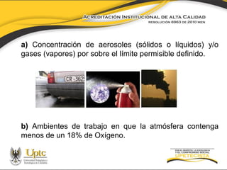 a) Concentración de aerosoles (sólidos o líquidos) y/o
gases (vapores) por sobre el límite permisible definido.

b) Ambientes de trabajo en que la atmósfera contenga
menos de un 18% de Oxígeno.

 