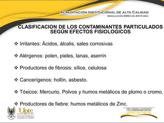 CLASIFICACION DE LOS CONTAMINANTES PARTICULADOS
SEGÚN EFECTOS FISIOLOGICOS
 Irritantes: Ácidos, álcalis, sales corrosivas
 Alérgenos: polen, pieles, lanas, aserrín
 Productores de fibrosis: sílice, celulosa
 Cancerígenos: hollín, asbesto.
 Tóxicos: Mercurio, Polvos y humos metálicos de plomo o cromo.
 Productores de fiebre: humos metálicos de Zinc.

 