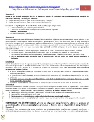 http://educadornato.webnode.es/cultura-pedagogica/
http://www.slideshare.net/niltonponciano1/material-pedagogico-2017
12
CulturaPedagógica
Situación 43
Al final de una actividad, un docente del área de matemática solicita a los estudiantes que organizados en parejas, comparen sus
diagramas y respondan a las siguientes preguntas:
¿Qué grupo de alimentos es el que se consume con menos frecuencia?
¿Qué grupo de alimentos es el que se consume con más frecuencia?
Se evidencia en la participación de los estudiantes desde el enfoque por competencias:
A. La interacción social y los aprendizajes colaborativos.
B. La mediación en la zona de desarrollo próximo y los aprendizajes regulados.
C. El tándem y la coevaluación
D. El trabajo en equipo y la coevaluación
Situación 44
Mariela es una docente que está trabajando el área de Ciencia y Ambiente, al tratar el tema de los alimentos plantea pregunta s a sus
estudiantes para recoger saberes previos escribiendo las respuestas en la pizarra; los estudiantes, luego de haber resumido la
información entregada por la profesora en sus cuadernos, dibujan algunos alimentos que consumen. Mariela, al reflexionar sob re
los logros alcanzadosseda cuenta que las actividades propuestasno favorecieron la construcción de los aprendizajes espera dos en
sus estudiantes. A partir del caso presentado ¿Qué actividad permitiría enriquecer la sesión desde una perspectiva
socioconstructivista?
A. Que los estudiantes se reúnan en grupo para que repasen en su casa la información registrada en sus cuadernos .
B. Que formen grupos e intercambien figuritas y láminas sobre los alimentos para pegarlas en sus cuadernos .
C. Que resuelvan en clase un cuestionario sobre los alimentos y expongan cada uno sus respuestas ante toda la clase.
D. Que los estudiantes lleven diferentes tipos de alimentos para que en grupos de trabajo puedan organizarlos y
clasificarlos.
Situación 45
Cuando el estudiante Franco, de segundo de secundaria, se disponía a desarrollar los problemas matemáticos sobre sistemas de
ecuaciones asignados por su maestra en una actividad para la casa, se percata que 3 de los 10 problemas son muy difíciles y que
requieren la explicación y el apoyo de su maestra, pues los demás los resolvió por sí solo. ¿Qué aspectos de la teoría sociocultural
del aprendizaje podemos resaltar?
A. Se resalta el papel de la interacción social para alcanzar zonas de desarrollo real y utilizar los saberes previos en nuevos
problemas matemáticos
B. La demanda cognitiva planteada por la maestra fue demasiado exigente, por ello el estudiante no puede resolver tres de los
problemas
C. Se necesita promover zonas de desarrollo próximo a partir de la mediación de la maestra para alcanzar con su ayuda
nuevas capacidades matemáticas
D. El papel del docente debe ser cada vez menor en la medida que cada estudiante alcanza zonas de desarrollo real.
Situación 46
En la institución educativa “Florcitas y Florcitos” de Trujillo acaban de llegar dos alumnos nuevos de Argentina de 14 años, que son
conocidos entre sí; cada vez que se encuentran se saludan con un beso en la mejilla y cuando sus compañeros peruanos observan
esa actitud, empiezan a especular sobre la sexualidad de sus compañeros. Al respecto podemos concluir:
A. La percepción es cómo se interpreta y se entiende la información que se ha recibido a través de los sentidos
B. La sexualidad se va modificando con la edad
C. Las percepciones e interpretaciones pueden estar influenciadas por la cultura y la sociedad.
D. Saludarse con besos en la mejilla llama la atención y causa una sensación distinta en los que perciben la situación.
DESARROLLO DE COMPETENCIAS: ¿Cómo se adquieren competencias?, ¿Cómo se produce el
aprendizaje, ¿Qué procesos pedagógicos promueve el docente para la adquisición de competencias?
Situación 47
Si la maestra Elena busca desarrollar en sus estudiantes una serie de aprendizajes complejos, que consigan la transferencia y
combinación apropiada de capacidades muy diversas para modificar una circunstancia y lograr un determinado propósito, que
 