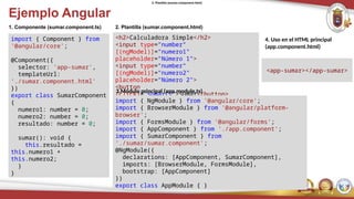 Ejemplo Angular
import { Component } from
'@angular/core';
@Component({
selector: 'app-sumar',
templateUrl:
'./sumar.component.html'
})
export class SumarComponent
{
numero1: number = 0;
numero2: number = 0;
resultado: number = 0;
sumar(): void {
this.resultado =
this.numero1 +
this.numero2;
}
}
1. Componente (sumar.component.ts)
<h2>Calculadora Simple</h2>
<input type="number"
[(ngModel)]="numero1"
placeholder="Número 1">
<input type="number"
[(ngModel)]="numero2"
placeholder="Número 2">
<button
(click)="sumar()">Sumar</button>
<h3>Resultado: {{ resultado }}</h3>
2. Plantilla (sumar.component.html)
2. Plantilla (sumar.component.html)
import { NgModule } from '@angular/core';
import { BrowserModule } from '@angular/platform-
browser';
import { FormsModule } from '@angular/forms';
import { AppComponent } from './app.component';
import { SumarComponent } from
'./sumar/sumar.component';
@NgModule({
declarations: [AppComponent, SumarComponent],
imports: [BrowserModule, FormsModule],
bootstrap: [AppComponent]
})
export class AppModule { }
3.Módulo principal (app.module.ts)
<app-sumar></app-sumar>
4. Uso en el HTML principal
(app.component.html)
 