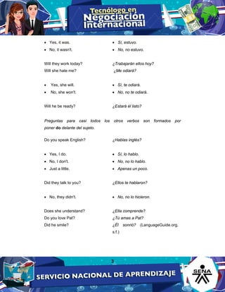 3
• Yes, it was.
• No, it wasn't.
• Sí, estuvo.
• No, no estuvo.
Will they work today?
Will she hate me?
• Yes, she will.
• No, she won't.
Will he be ready?
¿Trabajarán ellos hoy?
¿Me odiará?
• Sí, te odiará.
• No, no te odiará.
¿Estará él listo?
Preguntas para casi todos los otros verbos son formados por
poner do delante del sujeto.
Do you speak English?
• Yes, I do.
• No, I don't.
• Just a little.
Did they talk to you?
• No, they didn't.
Does she understand?
Do you love Pat?
Did he smile?
¿Hablas inglés?
• Sí, lo hablo.
• No, no lo hablo.
• Apenas un poco.
¿Ellos te hablaron?
• No, no lo hicieron.
¿Ella comprende?
¿Tú amas a Pat?
¿Él sonrió? (LanguageGuide.org,
s.f.)
 