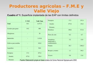Productores agrícolas – F.M.E y Valle Viejo Cuadro nº 1:  Superficie implantada de las EAP con límites definidos Fuente: Elaboración propia en base a datos de Censo Nacional Agropecuario 2002 . F. M.E Valle Viejo Total 833 6.577,5 Cereales para grano 19,5 800 Oleaginosas - 20 Industriales - 1.414,6 Cultivos para semillas - 103,0 Legumbres - 90,0 Forrajeras Anuales Perennes 17,3 477,6 257,4 138,4 Forrajeras Anuales Perennes 17,3 477,6 257,4 138,4 Hortalizas 109,6 517,6 Flores de corte 0,2 0,7 Aromáticas, medicinales y condimentarias 3,2 12,0 Frutales 38,7 3.062,3 Bosques y montes 1,1 148,1 Viveros 9,8 13,8 