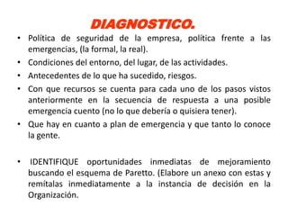 DIAGNOSTICO.
• Política de seguridad de la empresa, política frente a las
  emergencias, (la formal, la real).
• Condiciones del entorno, del lugar, de las actividades.
• Antecedentes de lo que ha sucedido, riesgos.
• Con que recursos se cuenta para cada uno de los pasos vistos
  anteriormente en la secuencia de respuesta a una posible
  emergencia cuento (no lo que debería o quisiera tener).
• Que hay en cuanto a plan de emergencia y que tanto lo conoce
  la gente.

•    IDENTIFIQUE oportunidades inmediatas de mejoramiento
    buscando el esquema de Paretto. (Elabore un anexo con estas y
    remítalas inmediatamente a la instancia de decisión en la
    Organización.
 