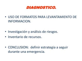 DIAGNOSTICO.

• USO DE FORMATOS PARA LEVANTAMIENTO DE
  INFORMACION.

• Investigación y análisis de riesgos.
• Inventario de recursos.

• CONCLUSION: definir estrategia a seguir
  durante una emergencia.
 