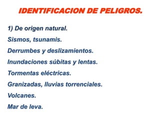 IDENTIFICACION DE PELIGROS.

1) De origen natural.
Sismos, tsunamis.
Derrumbes y deslizamientos.
Inundaciones súbitas y lentas.
Tormentas eléctricas.
Granizadas, lluvias torrenciales.
Volcanes.
Mar de leva.
 