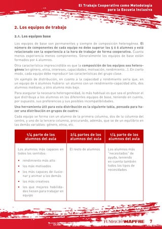 7
El Trabajo Cooperativo como Metodología
para la Escuela Inclusiva
2. Los equipos de trabajo
2.1. Los equipos base
Los equipos de base son permanentes y siempre de composición heterogénea. El
número de componentes de cada equipo no debe superar los 5 ó 6 alumnos y está
relacionado con la experiencia a la hora de trabajar de forma cooperativa. Cuanta
menos experiencia menos componentes. Generalmente los equipos de base están
formados por 4 alumnos.
Otra característica imprescindible es que la composición de los equipos sea hetero-
génea (en género, etnia, intereses, capacidades, motivación, rendimiento...). En cierto
modo, cada equipo debe reproducir las características del grupo clase.
Un ejemplo de distribución, en cuanto a la capacidad y rendimiento sería que, en
un equipo de 4 alumnos hubiera: un alumno con un rendimiento-capacidad alto, dos
alumnos mediano, y otro alumno más bajo.
Para asegurar la necesaria heterogeneidad, lo más habitual es que sea el profesor el
que distribuya a los alumnos en los diferentes equipos de base, teniendo en cuenta,
por supuesto, sus preferencias y sus posibles incompatibilidades.
Una herramienta útil para esta distribución es la siguiente tabla, pensada para ha-
cer una distribución en grupos de cuatro:
Cada equipo se forma con un alumno de la primera columna, dos de la columna del
centro, y uno de la tercera columna, procurando, además, que se de un equilibrio en
las demás variables: género, etnia, etc.
1/4 parte de los
alumnos del aula
2/4 partes de los
alumnos del aula
1/4 parte de los
alumnos del aula
Los alumnos más capaces en
todos los sentidos:
•	 rendimiento más alto
•	 los más motivados
•	 los más capaces de ilusio-
nar y animar a los demás
•	 los más creativos
•	 los que mejores habilida-
des tienen para trabajar en
equipo
El resto de alumnos Los alumnos más
“necesitados” de
ayuda, teniendo
en cuenta también
todos los tipos de
necesidades
 