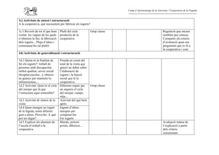 Camp d’Aprenentatge de la Garrotxa / Cooperativa de la Fageda


1c) Activitats de síntesi i estructuració
A la cooperativa, què necessitem per fabricar els iogurts?

1c.1 Revisió de tot el que hem     Plafó del cicle           Grup classe                                 Regulació que encara
visitat: les vaques de les quals   productiu de la                                                       semblen poc enteses
n’obtenim la llet, la fabricació   cooperativa                                                           Compartir els criteris
dels iogurts... Pluja d’idees i                                                                          d’avaluació quan ens
consensuar-ho (al plafó)                                                                                 preguntem què es fa a
                                                                                                         la cooperativa i com
1d) Activitats de generalització i estructuració

1d.1 Quina és la finalitat de      Posada en comú del
fer els iogurts?: treball de       total de la visita que
persones amb discapacitat,         generi un debat sobre
millor qualitat, servei social     l’elaboració de
(hospital,escoles...), obtenir-    iogurts i la funció
ne guanys per mantenir la          social que té la
infrastructura,...                 cooperativa
1d.2 Activitat: Quin és el cicle   Diferents espais per      Grup classe
del menjar que fa que              on segueix el cicle
l’estructura sigui sostenible?     del menjar: camps,
                                   sitja...
1d.3 Activitat de síntesi de la    Activitat del què hem
visita                             après
1d.4 Quan mengen un iogurt         Iogurts d’altres
de la fageda, notes diferent       marques per
gust a altres. Prova-ho. A què     comparar-los
pot ser degut?                     Fer iogurts
1d.5 Explicar als alumnes de       Murals, powers                                                        Avaluació mútua de
l’escola el treball a la           points, dibuixos...                                                   l’explicació a partir
cooperativa                                                                                              dels criteris
                                                                                                         consensuats
 