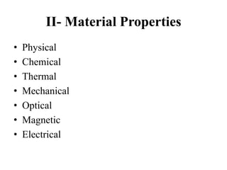 II- Material Properties
• Physical
• Chemical
• Thermal
• Mechanical
• Optical
• Magnetic
• Electrical
 