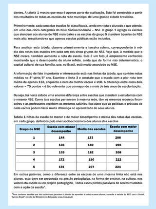 dantes. A tabela 1 mostra que essa é apenas parte da explicação. Esta foi construída a partir
  dos resultados de todas as escolas da rede municipal de uma grande cidade brasileira.

  Primeiramente,	cada	uma	das	escolas	foi	classificada,	tendo	em	vista	o	alunado	a	que	atende,	
  em	uma	das	cinco	categorias	do	Nível	Socioeconômico	–	NSE.	O	grupo	1	agrega	as	escolas	
  que atendem aos alunos de NSE mais baixo e as escolas do grupo 5 atendem àqueles de NSE
  mais alto, ressaltando-se que apenas escolas públicas estão incluídas.

  Para analisar esta tabela, observe primeiramente a terceira coluna, correspondente à mé-
  dia das notas das escolas em cada um dos cinco grupos de NSE. veja que, à medida que o
  NSE cresce, também aumenta a nota da escola. Este é um fato já amplamente conhecido
  mostrando	 que	 o	 desempenho	 do	 aluno	 reflete,	 ainda	 que	 de	 forma	 não	 determinística,	 o	
  capital cultural de sua família, que, no Brasil, está muito associado ao NSE.

  A informação de fato importante e interessante está nas linhas da tabela, que contém notas
  médias na 4ª série/5º ano. Examine a linha 3 e constate que a escola com a pior nota tem
  média de apenas 133, enquanto a nota da melhor escola é 208. A diferença entre estes dois
  valores	–	75	pontos	–	é	tão	relevante	que	corresponde	a	mais	de	três	anos	de	escolarização.

  Ou seja, há nesta cidade uma enorme diferença entre escolas que atendem a estudantes com
  o	mesmo	NSE.	Como	tais	escolas	pertencem	à	mesma	rede,	têm	os	mesmos	recursos	finan-
  ceiros	e	os	professores	recebem	os	mesmos	salários,	fica	claro	que	as	políticas	e	práticas	de	
  cada escola podem fazer muita diferença no aprendizado de seus alunos.

  Tabela 1 Notas da escola de menor e de maior desempenho e média das notas das escolas,
  em	cada	grupo,	definidos	pelo	nível	socioeconômico	dos	alunos	das	escolas
                                    Escola com menor                                                Escola com maior
        Grupo de NSE                                 Média das escolas
                                      desempenho                                                      desempenho

                      1                         144                           173                         206

                      2                         136                           180                         205

                      3                         133                           182                         208

                      4                         172                            190                        222

                      5                         174                            207                        224

  Em outras palavras, como a diferença entre as escolas de uma mesma linha não está nos
  alunos, esta deve ser procurada na gestão pedagógica, na forma de ensinar, na cultura, nos
  valores da escola ou no projeto pedagógico. Todos esses pontos passíveis de serem mudados
  com a ação da escola3.
 3
   Para	conhecer	escolas	que	têm	ações	que	garantem	o	direito	de	aprender	a	todos	os	seus	alunos,	consulte	o	estudo	do	MEC	com	o	Unicef,	
“Aprova	Brasil”	no	sítio	do	Ministério	da	Educação:	www.mec.gov.br
 