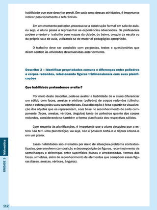 habilidade	que	este	descritor	prevê.	Em	cada	uma	dessas	atividades,	é	importante	
                       indicar	posicionamento	e	referências.

                            Em um momento posterior, processa-se a construção formal em sala de aula,
                       ou	seja,	o	aluno	passa	a	representar	as	experiências	observadas.	Os	professores	
                       podem orientar o trabalho com mapas da cidade, do bairro, croquis da escola ou
                       da própria sala de aula, utilizando-se de material pedagógico apropriado.

                           O trabalho deve ser concluído com perguntas, testes e questionários que
                       dêem	sentido	às	atividades	desenvolvidas	anteriormente.		




                       Descritor 2 – Identificar propriedades comuns e diferenças entre poliedros
                       e corpos redondos, relacionando figuras tridimensionais com suas planifi-
                       cações

                       Que habilidade pretendemos avaliar?

                            Por meio deste descritor, pode-se avaliar a habilidade de o aluno diferenciar
                       um sólido com faces, arestas e vértices (poliedro) de corpos redondos (cilindro,
                       cone e esfera) pelas suas características. Essa distinção é feita a partir da visualiza-
                       ção dos objetos que os representam, com base no reconhecimento de cada com-
                       ponente (faces, arestas, vértices, ângulos) tanto de poliedros quanto dos corpos
                       redondos,	considerando-se	também	a	forma	planificada	dos	respectivos	sólidos.	

                       	     Com	respeito	às	planificações,	é	importante	que	o	aluno	descubra	que	a	es-
                       fera	não	tem	uma	planificação,	ou	seja,	não	é	possível	cortá-la	e	depois	colocá-la	
                       em um plano.
Unidade 5 Matemática




                             Essas habilidades são avaliadas por meio de situações-problema contextua-
                       lizadas,	que	envolvem	composição	e	decomposição	de	figuras,	reconhecimento	de	
                       semelhanças e diferenças entre superfícies planas e arredondadas, formas das
                       faces,	simetrias,	além	do	reconhecimento	de	elementos	que	compõem	essas	figu-
                       ras (faces, arestas, vértices, ângulos).




   112
 