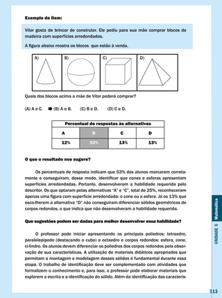Exemplo de item:

vítor gosta de brincar de construtor. Ele pediu para sua mãe comprar blocos de
madeira com superfícies arredondadas.

A	figura	abaixo	mostra	os	blocos		que	estão	à	venda.




Quais dos blocos acima a mãe de vítor poderá comprar?

(A) A e C.     (B) A e B.     (C) B e D.     (D) C e D.


                        Percentual de respostas às alternativas

                    A               B               c              D

                    12%            53%             13%             13%


O que o resultado nos sugere?

     Os percentuais de resposta indicam que 53% dos alunos marcaram correta-
mente	 e	 conseguiram,	 desse	 modo,	 identificar	 que	 cones	 e	 esferas	 apresentam	
superfícies arredondadas. Portanto, desenvolveram a habilidade requerida pelo
descritor.	Os	que	optaram	pelas	alternativas	“A”	e	“C”,	total	de	25%,	reconheceram	
apenas	uma	figura	com	superfície	arredondada:	o	cone	ou	a	esfera.	Já	os	13%	que	



                                                                                             Unidade 5 Matemática
esco-lheram	a	alternativa	“D”	não	conseguiram	diferenciar	sólidos	geométricos	de	
corpos redondos, o que indica que não desenvolveram a habilidade requerida.

Que sugestões podem ser dadas para melhor desenvolver essa habilidade?

	      O	 professor	 pode	 iniciar	 apresentando	 os	 principais	 poliedros:	 tetraedro,	
paralelepípedo	(destacando	o	cubo)	e	octaedro	e	corpos	redondos:	esfera,	cone,	
ci-lindro. Os alunos devem diferenciar os poliedros dos corpos redondos pela obser-
vação de sua características. A utilização de materiais didáticos apropriados que
permitam a montagem e modelagem desses sólidos é fundamental durante essa
etapa.	O	trabalho	de	identificação	deve	ser	complementado	com	atividades	que	
formalizem o conhecimento e, para isso, o professor pode elaborar materiais que
explorem	a	escrita	e	a	identificação	do	sólido.	Além	da	identificação	das	caracterís-


                                                                                            113
 