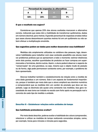 Percentual de respostas às alternativas
                                     A               B               c              D

                                     43%            24%             23%             7%


                       O que o resultado nos sugere?

                            Constata-se que apenas 23% dos alunos avaliados marcaram a alternativa
                       correta,	indicando	que	estes	têm	a	habilidade	de	transformar	quilômetros,	dados	
                       em número decimal, para metros. O grande percentual de respostas erradas indica
                       que	esses	alunos	desconhecem	quantos	metros	há	em	um	quilômetro	ou	não	sa-
                       bem efetuar a multiplicação envolvida.

                       Que sugestões podem ser dadas para melhor desenvolver essa habilidade?

                       	     Medidas	são	amplamente	utilizadas	no	cotidiano	das	pessoas;	logo,	desen-
                       volver habilidades para trabalhar com esse conteúdo possibilita aos alunos resol-
                       ver	problemas	práticos	que	se	apresentam	a	todo	o	momento:	estimar	distâncias	
                       entre dois pontos, escolher quantidades de produtos ao fazer compras em super-
                       mercados e farmácias, dentre outros. Assim, o aluno poderá observar o aspecto da
                       “conservação”	de	uma	grandeza,	ou	seja,	mesmo	que	o	objeto	mude	de	posição	
                       ou de forma, algo pode permanecer constante como, por exemplo, o problema do
                       item apresentado.

                             Deve-se trabalhar também o estabelecimento da relação entre a medida de
                       uma dada grandeza e um número. Este é um aspecto de fundamental importân-
                       cia, porque é também por meio dele que o aluno ampliará seu domínio numérico
                       e	 compreenderá	 que	 as	 medidas	 têm	 um	 caráter	 de	 precisão	 que	 deve	 ser	 res-
                       peitado. Logo os decimais são quase uma constante nas medidas. Isso gera ne-
Unidade 5 Matemática




                       cessidade de esse tema ser tratado na escola com forte apoio na percepção real e
                       concreta de cada tipo de medida e unidade.




                       Descritor 8 – Estabelecer relações entre unidades de tempo

                       Que habilidade pretendemos avaliar?

                             Por meio deste descritor, pode-se avaliar a habilidade de o aluno compreender,
                       relacionar e utilizar as medidas de tempo realizando conversões simples, como,
                       por exemplo, horas para minutos e minutos para segundos.



   122
 