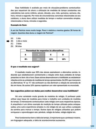 Essa habilidade é avaliada por meio de situações-problema contextualiza-
das que requeiram do aluno a utilização de medidas de tempo constantes nos
calendários	tais	como	milênio,	século,	década,	ano,	mês,	quinzena,	semana,	dia,	
hora, minuto e segundo. Por meio de circunstâncias concretas relacionadas ao seu
cotidiano, o aluno deve utilizar medidas de tempo e realizar conversões simples,
relacionadas a horas, minutos e segundos.

Exemplo de item:

A avó de Patrícia mora muito longe. Para ir visitá-la a menina gastou 36 horas de
viagem. Quantos dias durou a viagem de Patrícia?

(A)    1 dia
(B)    1 dia e meio
(C)    3 dias
(D)   36 dias

                     Percentual de respostas às alternativas

                 A               B              c              D

                 8%             55%            21%            10%


O que o resultado nos sugere?

      O resultado mostra que 55% dos alunos assinalaram a alternativa correta, in-
dicando que estabeleceram corretamente a relação entre duas unidades de tempo
presentes	no	item:	dia	e	hora.	Esses	alunos	desenvolveram	a	habilidade	ao	estabelecer	
relações entre as unidades de medidas de tempo apresentadas. Os 29% que marcaram
as	alternativas	“A”	ou	“C”	não	conhecem	ou	não	dominam	a	relação	de	conversão	de	
dia em horas. Os outros 10% apenas repetiram um valor apresentado no enunciado.



                                                                                          Unidade 5 Matemática
Que sugestões podem ser dadas para melhor desenvolver essa habilidade?

       Há uma variedade muito grande de modelos de relógio. O professor pode
utilizar esse leque de modelos para iniciar o trabalho com unidades de medidas
de tempo. É interessante contextualizar cada relógio com suas respectivas épocas.
A ampulheta é um ótimo exemplo de medição de tempo utilizada pelos antepas-
sados;	uma	outra	experiência	simples	é	a	do	relógio	de	sol,	que	utiliza	a	projeção	
da sombra para marcar o tempo. Outros tipos de relógios utilizados que podem
enriquecer	a	aprendizagem	são:	pêndulo,	relógio	de	bolso,	relógio	digital	etc.	

     Para fundamentar bem a idéia de tempo, é importante que o professor mostre,
em linguagem adequada, a idéia de acontecimentos sucessivos.

                                                                                         123
 