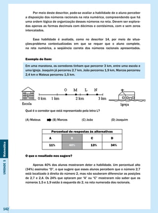 Por meio deste descritor, pode-se avaliar a habilidade de o aluno perceber
                       a disposição dos números racionais na reta numérica, compreendendo que há
                       uma ordem lógica de organização desses números na reta. Devem ser explora-
                       das apenas as formas decimais com décimos e centésimos, com e sem zeros
                       intercalados.

                             Essa habilidade é avaliada, como no descritor 14, por meio de situa-
                       ções-problema contextualizadas em que se requer que o aluno complete,
                       na	 reta	 numérica,	 a	 seqüência	 correta	 dos	 números	 racionais	 apresentados.


                       Exemplo de item:

                       Em	uma	maratona,	os	corredores	tinham	que	percorrer	3	km,	entre	uma	escola	e	
                       uma	Igreja.	Joaquim	já	percorreu	2,7	km,	João	percorreu	1,9	km,	Marcos	percorreu	
                       2,4	km	e	Mateus	percorreu	1,5	km.




                       Qual é o corredor que está representado pela letra L?

                       (A)	Mateus	 	         (B)	Marcos	    	      (C)	João	      	       (D)	Joaquim


                                             Percentual de respostas às alternativas

                                         A                 B              c               D
Unidade 5 Matemática




                                         11%               40%            13%             34%


                       O que o resultado nos sugere?

                             Apenas 40% dos alunos mostraram deter a habilidade. Um percentual alto
                       (34%)	assinalou	“D”,	o	que	sugere	que	esses	alunos	percebem	que	o	número	2,7	
                       está localizado à direita do número 2, mas não souberam diferenciar as posições
                       de	 2,7	 e	 2,4.	 Os	 24%	 que	 optaram	 por	 “A”	 ou	 “C”	 mostraram	 não	 saber	 que	 os	
                       números 1,5 e 1,9 estão à esquerda do 2, na reta numerada dos racionais.




   142
 