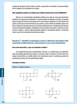 noções de direção (acima, abaixo, direita, esquerda) em relação à movimentação
                       de	um	objeto	em	um	gráfico	(ou	mapa).

                       Que sugestões podem ser dadas para melhor desenvolver essa habilidade?

                             Devem ser incentivadas atividades práticas em sala de aula que permitam
                       explorar as noções de localização e movimentação de objetos no plano. O próprio
                       plano do piso da sala de aula pode servir como plano cartesiano em exercícios nos
                       quais os alunos se movimentam de um ponto a outro. Pode-se também expor ma-
                       pas e croquis na parede para que os alunos experimentem a localização de pontos
                       e movimentação de objetos. O professor deve também estimular os alunos a cons-
                       truírem	 mapas	 e	 outras	 representações	 gráficas,	 localizando	 pontos	 e	 traçando	
                       rotas a partir de comandos de posicionamento.




                       Descritor 2 – Identificar propriedades comuns e diferenças entre figuras bidi-
                       mensionais e tridimensionais, relacionando-as com as suas planificações

                       com este descritor, o que se pretende avaliar?

                       	    O	 reconhecimento	 das	 propriedades	 comuns	 e	 as	 diferenças	 nas	 planifica-
                       ções de sólidos geométricos quanto a arestas, faces e vértices. O aluno deve ser
                       capaz	de	planificar	um	sólido	dado	e	de	reconhecer	qual	é	o	sólido	que	pode	ser	
                       construído	a	partir	de	uma	planificação	dada.

                       Exemplo de item:

                       Observe	as	figuras	abaixo.
Unidade 5 Matemática




   156
 