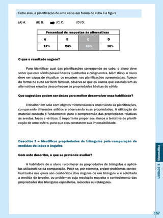 Entre	elas,	a	planificação	de	uma	caixa	em	forma	de	cubo	é	a	figura

(A) A.       (B) B.         (C) C.         (D) D.

                      Percentual de respostas às alternativas

                      A              B              c              D

                   12%               24%            45%            16%


O que o resultado sugere?

	     Para	 identificar	 qual	 das	 planificações	 corresponde	 ao	 cubo,	 o	 aluno	 deve	
saber que este sólido possui 6 faces quadradas e congruentes. Além disso, o aluno
deve	ser	capaz	de	visualizar	os	encaixes	nas	planificações	apresentadas.	Apesar	
da forma do cubo ser bem familiar, observa-se que os alunos que assinalaram as
alternativas erradas desconhecem as propriedades básicas do sólido.

Que sugestões podem ser dadas para melhor desenvolver essa habilidade?

	    Trabalhar	em	sala	com	objetos	tridimensionais	construindo	as	planificações,	
comparando diferentes sólidos e observando suas propriedades. A utilização de
material concreto é fundamental para a compreensão das propriedades relativas
às	arestas,	faces	e	vértices.	É	importante	propor	aos	alunos	a	tentativa	de	planifi-
cação de uma esfera, para que eles constatem sua impossibilidade.




Descritor 3 – Identificar propriedades de triângulos pela comparação de
medidas de lados e ângulos


                                                                                              Unidade 5 Matemática
com este descritor, o que se pretende avaliar?

      A habilidade de o aluno reconhecer as propriedades de triângulos e aplicá-
las utilizando-se da comparação. Pode-se, por exemplo, propor problemas contex-
tualizados nos quais são conhecidos dois ângulos de um triângulo e é solicitada
a medida do terceiro, ou problemas cuja resolução requeira o conhecimento das
propriedades dos triângulos eqüiláteros, isósceles ou retângulos.




                                                                                             157
 