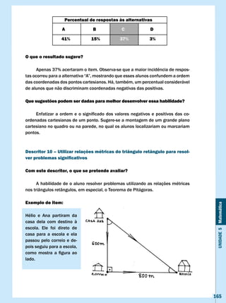 Percentual de respostas às alternativas

                    A                B               c               D

                    41%             15%             37%              3%


O que o resultado sugere?

	     Apenas	37%	acertaram	o	item.	Observa-se	que	a	maior	incidência	de	respos-
tas	ocorreu	para	a	alternativa	“A”,	mostrando	que	esses	alunos	confundem	a	ordem	
das coordenadas dos pontos cartesianos. Há, também, um percentual considerável
de alunos que não discriminam coordenadas negativas das positivas.

Que sugestões podem ser dadas para melhor desenvolver essa habilidade?

	    Enfatizar	 a	 ordem	 e	 o	 significado	 dos	 valores	 negativos	 e	 positivos	 das	 co-
ordenadas cartesianas de um ponto. Sugere-se a montagem de um grande plano
cartesiano no quadro ou na parede, no qual os alunos localizariam ou marcariam
pontos.



Descritor 10 – Utilizar relações métricas do triângulo retângulo para resol-
ver problemas significativos

com este descritor, o que se pretende avaliar?

      A habilidade de o aluno resolver problemas utilizando as relações métricas
nos triângulos retângulos, em especial, o Teorema de Pitágoras.

Exemplo de item:


                                                                                                Unidade 5 Matemática
Hélio e Ana partiram da
casa dela com destino à
escola. Ele foi direto de
casa para a escola e ela
passou pelo correio e de-
pois seguiu para a escola,
como	 mostra	 a	 figura	 ao	
lado.




                                                                                               165
 