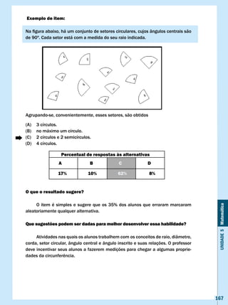 Exemplo de item:

Na	figura	abaixo,	há	um	conjunto	de	setores	circulares,	cujos	ângulos	centrais	são	
de 90º. Cada setor está com a medida do seu raio indicada.




Agrupando-se, convenientemente, esses setores, são obtidos

(A)   3 círculos.
(B)   no máximo um círculo.
(C)   2 círculos e 2 semicírculos.
(D)   4 círculos.

                  Percentual de respostas às alternativas
                 A               B             c             D

                 17%            10%           62%             8%


O que o resultado sugere?

     O item é simples e sugere que os 35% dos alunos que erraram marcaram


                                                                                        Unidade 5 Matemática
aleatoriamente qualquer alternativa.

Que sugestões podem ser dadas para melhor desenvolver essa habilidade?

     Atividades nas quais os alunos trabalhem com os conceitos de raio, diâmetro,
corda, setor circular, ângulo central e ângulo inscrito e suas relações. O professor
deve incentivar seus alunos a fazerem medições para chegar a algumas proprie-
dades	da	circunferência.




                                                                                       167
 