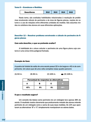 Tema II – Grandezas e Medidas

                                   Descritores              D12        D13     D14       D15

                            Neste tema, são avaliadas habilidades relacionadas à resolução de proble-
                       mas	envolvendo	cálculo	de	perímetro	e	de	área	de	figuras	planas,	noções	de	vo-
                       lume e o uso de relações entre diferentes unidades de medida. São assuntos vivi-
                       dos no cotidiano dos alunos em suas diferentes aplicações.




                       Descritor 12 – Resolver problema envolvendo o cálculo do perímetro de fi-
                       guras planas

                       com este descritor, o que se pretende avaliar?

                       	    A	habilidade	de	o	aluno	calcular	o	perímetro	de	uma	figura	plana	cujo	con-
                       torno é uma única linha poligonal fechada.




                       Exemplo de item:

                       A quadra de futebol de salão de uma escola possui 22 m de largura e 42 m de com-
                       primento. Um aluno que dá uma volta completa nessa quadra percorre

                       (A) 64 m.           (B) 84 m.          (C) 106 m.            (D) 128 m.


                                      Percentual de respostas às alternativas
Unidade 5 Matemática




                                     A                 B          c             D

                                     47%               9%         4%           38%


                       O que o resultado sugere?

                            Um conceito tão básico como perímetro de um retângulo teve apenas 38% de
                       acerto. O resultado mostra claramente que praticamente metade dos alunos entende
                       perímetro de um retângulo como a soma de suas duas medidas. Os 13% que apon-
                       taram	as	alternativas	“B”	e	“C”	simplesmente	manipularam	os	valores	dados.




   168
 